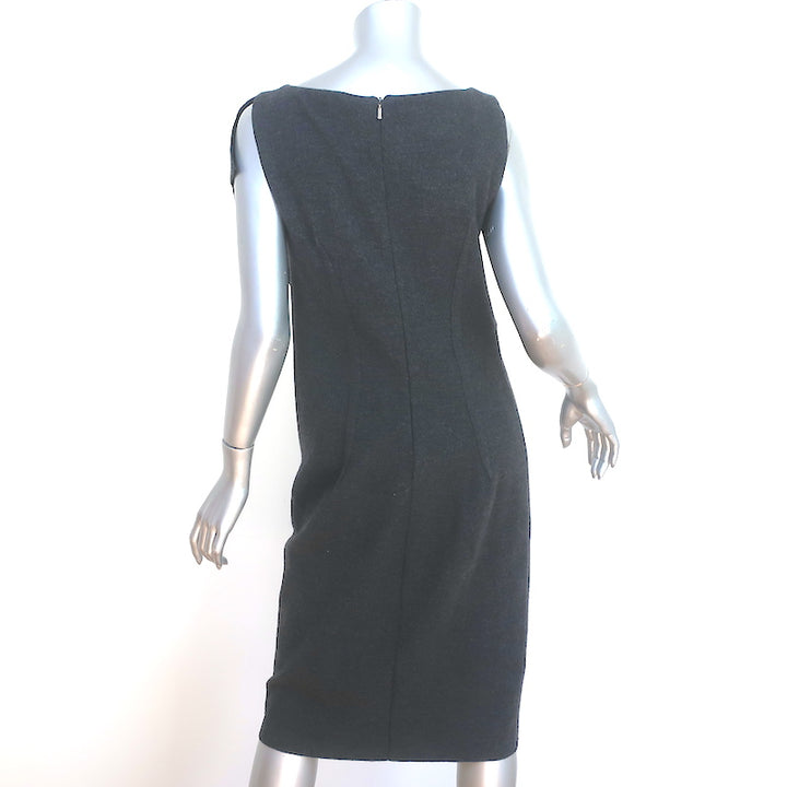 Max Mara Ruffle Dress Charcoal Wool Herringbone Size 46 Sleeveless Sheath