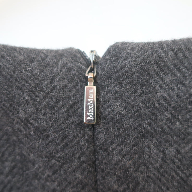 Max Mara Ruffle Dress Charcoal Wool Herringbone Size 46 Sleeveless Sheath