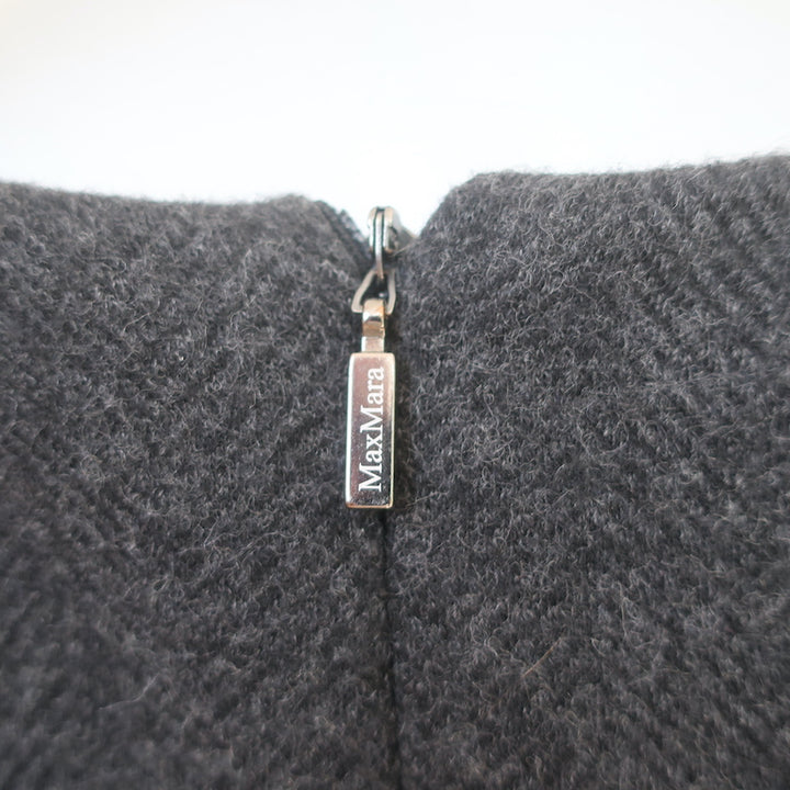 Max Mara Ruffle Dress Charcoal Wool Herringbone Size 46 Sleeveless Sheath