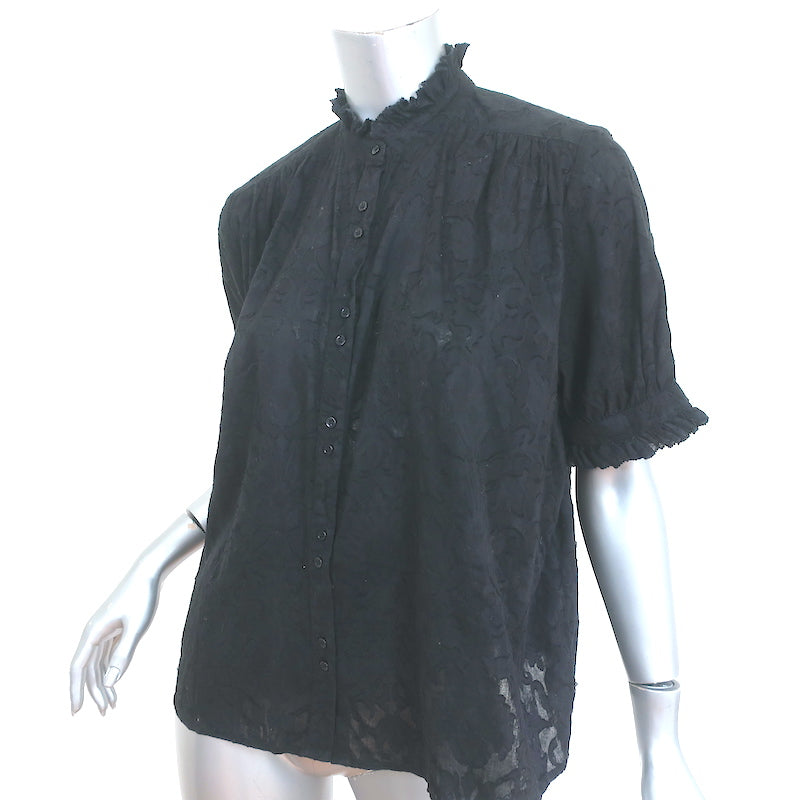 THE GREAT Button Down Top Black Burnout Cotton Voile Size 0 Short Sleeve Blouse