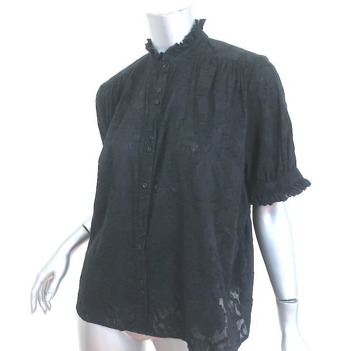 THE GREAT Button Down Top Black Burnout Cotton Voile Size 0 Short Sleeve Blouse