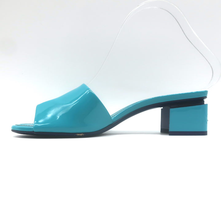 Chanel 22C CC Block Heel Mule Sandals Turquoise Patent Leather Size 36.5