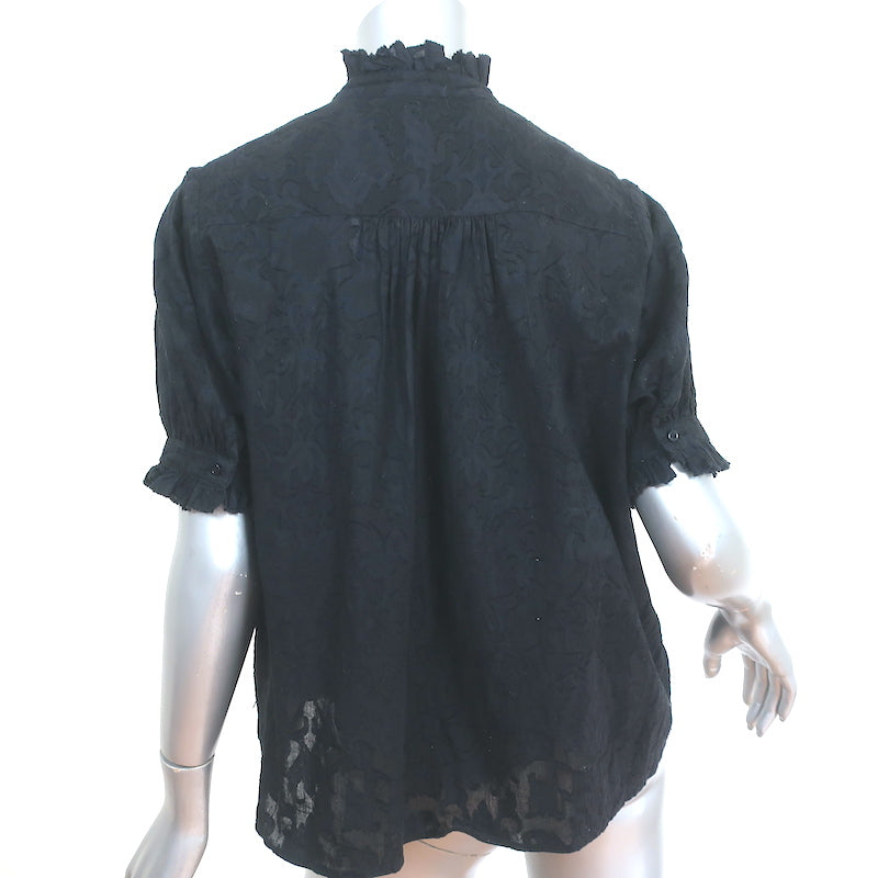 THE GREAT Button Down Top Black Burnout Cotton Voile Size 0 Short Sleeve Blouse
