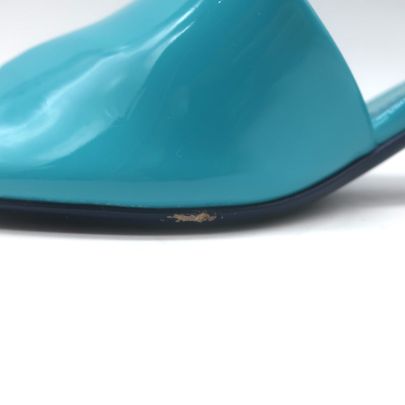 Chanel 22C CC Block Heel Mule Sandals Turquoise Patent Leather Size 36.5