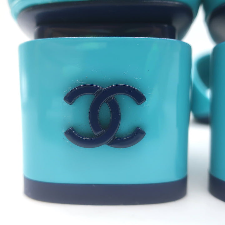 Chanel 22C CC Block Heel Mule Sandals Turquoise Patent Leather Size 36.5