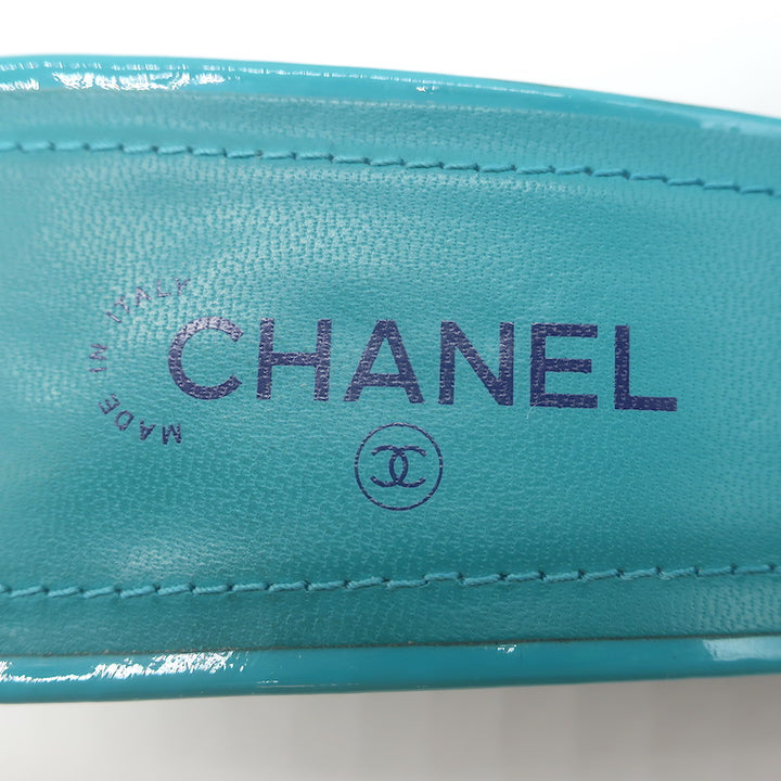 Chanel 22C CC Block Heel Mule Sandals Turquoise Patent Leather Size 36.5