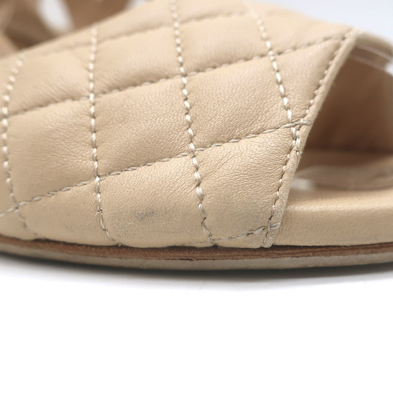 Chanel Quilted Lambskin Leather Ankle Strap Block Heel Sandals Beige Size 36.5