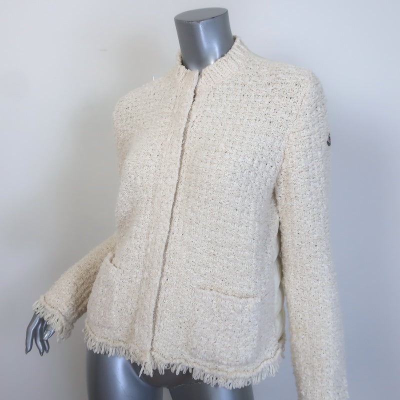 Moncler Boucle Tweed &amp; Quilted Down Cardigan Puffer Jacket Ivory Size Medium