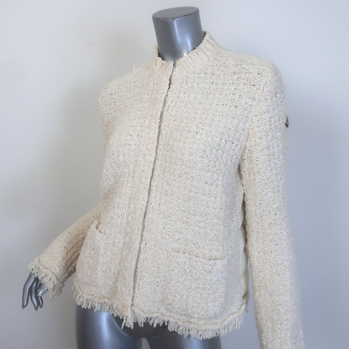 Moncler Boucle Tweed &amp; Quilted Down Cardigan Puffer Jacket Ivory Size Medium