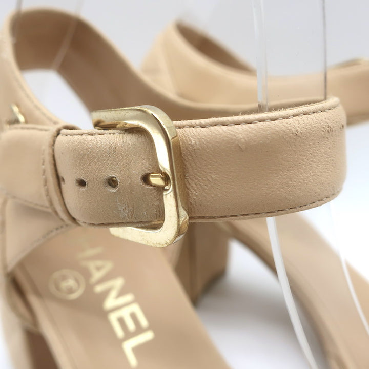 Chanel Quilted Lambskin Leather Ankle Strap Block Heel Sandals Beige Size 36.5