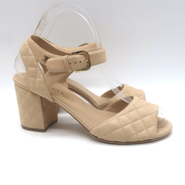 Chanel Quilted Lambskin Leather Ankle Strap Block Heel Sandals Beige Size 36.5