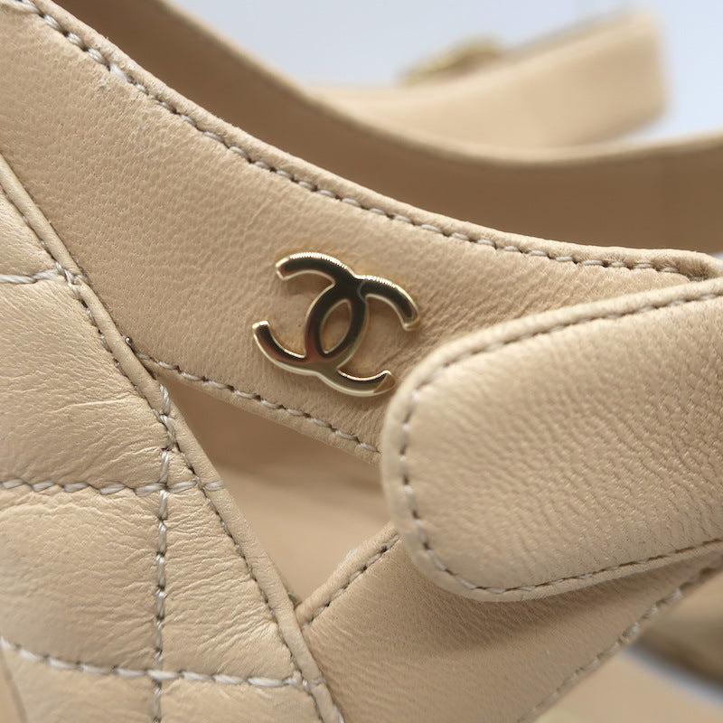 Chanel Quilted Lambskin Leather Ankle Strap Block Heel Sandals Beige Size 36.5