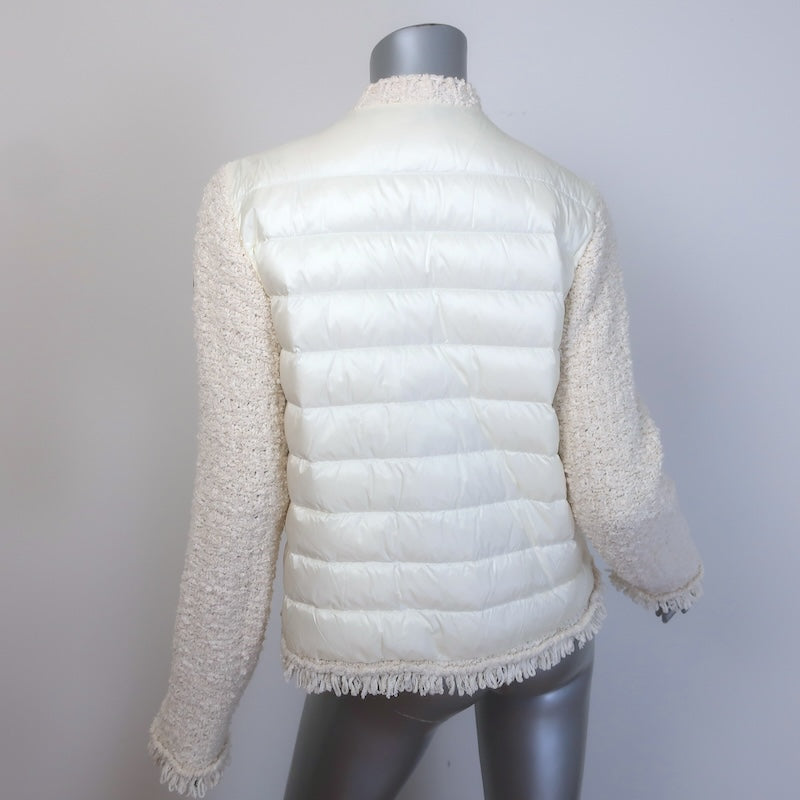 Moncler Boucle Tweed &amp; Quilted Down Cardigan Puffer Jacket Ivory Size Medium
