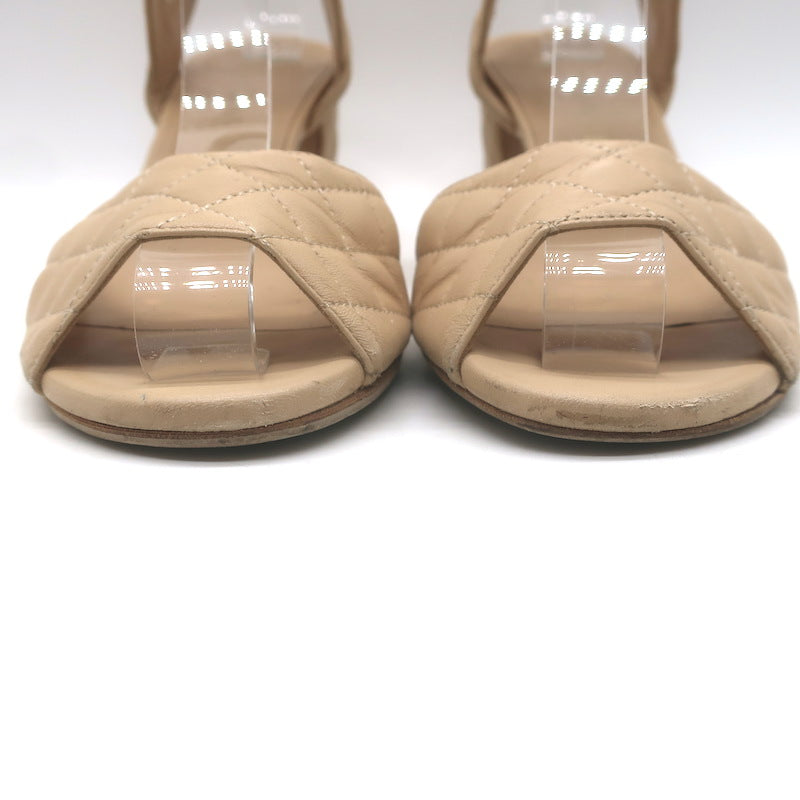 Chanel Quilted Lambskin Leather Ankle Strap Block Heel Sandals Beige Size 36.5