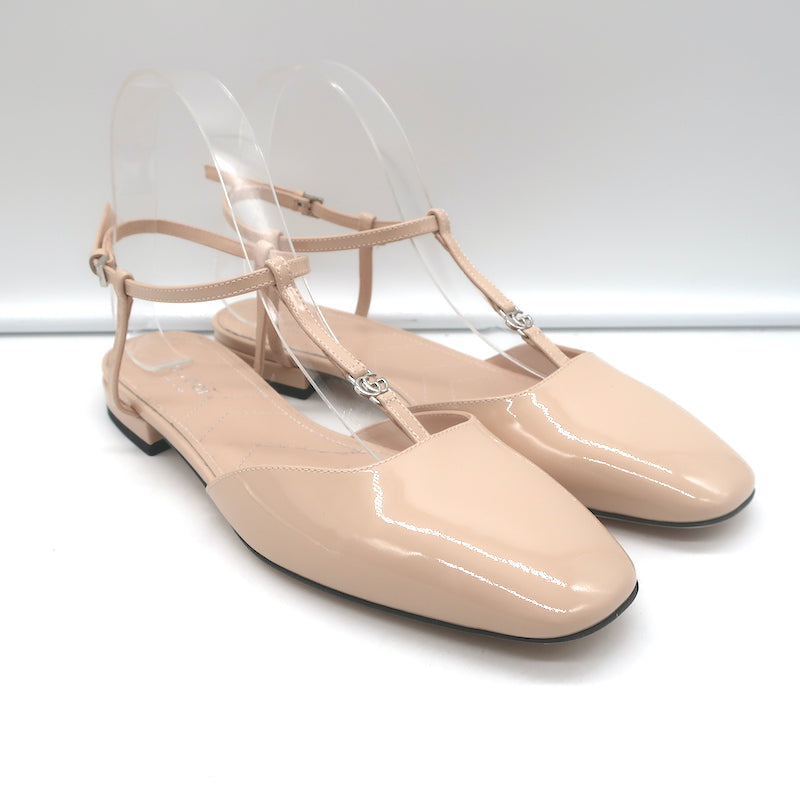Gucci Double G T-Strap Ballet Flats Nude Patent Leather Size 37.5 NEW