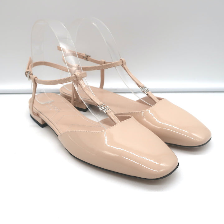 Gucci Double G T-Strap Ballet Flats Nude Patent Leather Size 37.5 NEW
