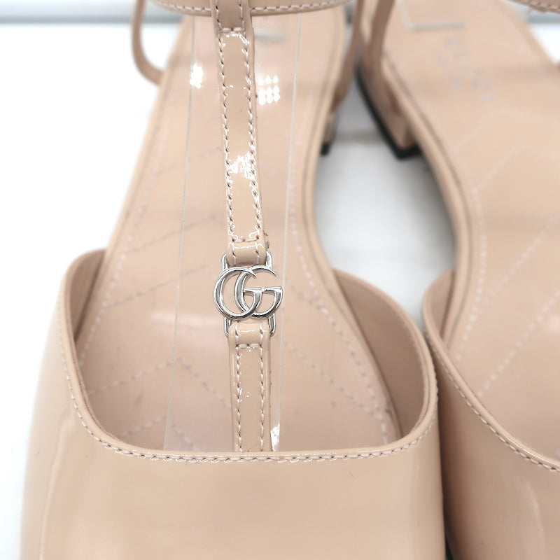 Gucci Double G T-Strap Ballet Flats Nude Patent Leather Size 37.5 NEW