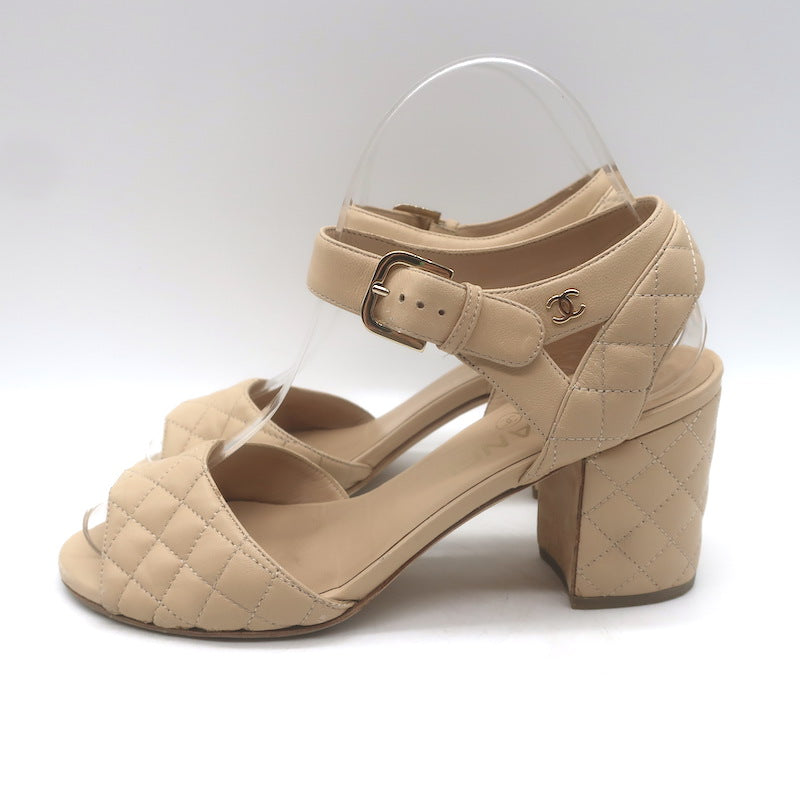 Chanel Quilted Lambskin Leather Ankle Strap Block Heel Sandals Beige Size 36.5