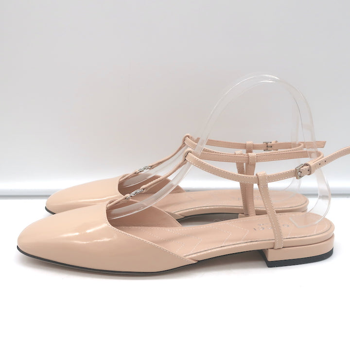 Gucci Double G T-Strap Ballet Flats Nude Patent Leather Size 37.5 NEW