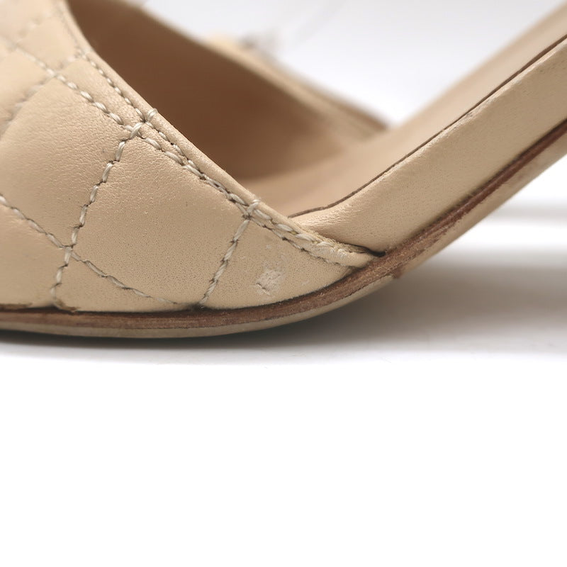 Chanel Quilted Lambskin Leather Ankle Strap Block Heel Sandals Beige Size 36.5