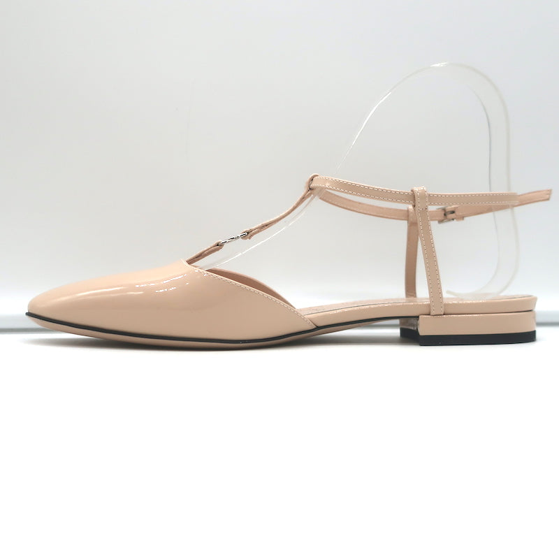 Gucci Double G T-Strap Ballet Flats Nude Patent Leather Size 37.5 NEW