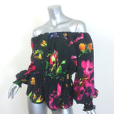 Prabal Gurung Off the Shoulder Blouson-Sleeve Top Black Floral Print Size 6