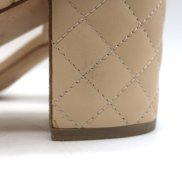 Chanel Quilted Lambskin Leather Ankle Strap Block Heel Sandals Beige Size 36.5