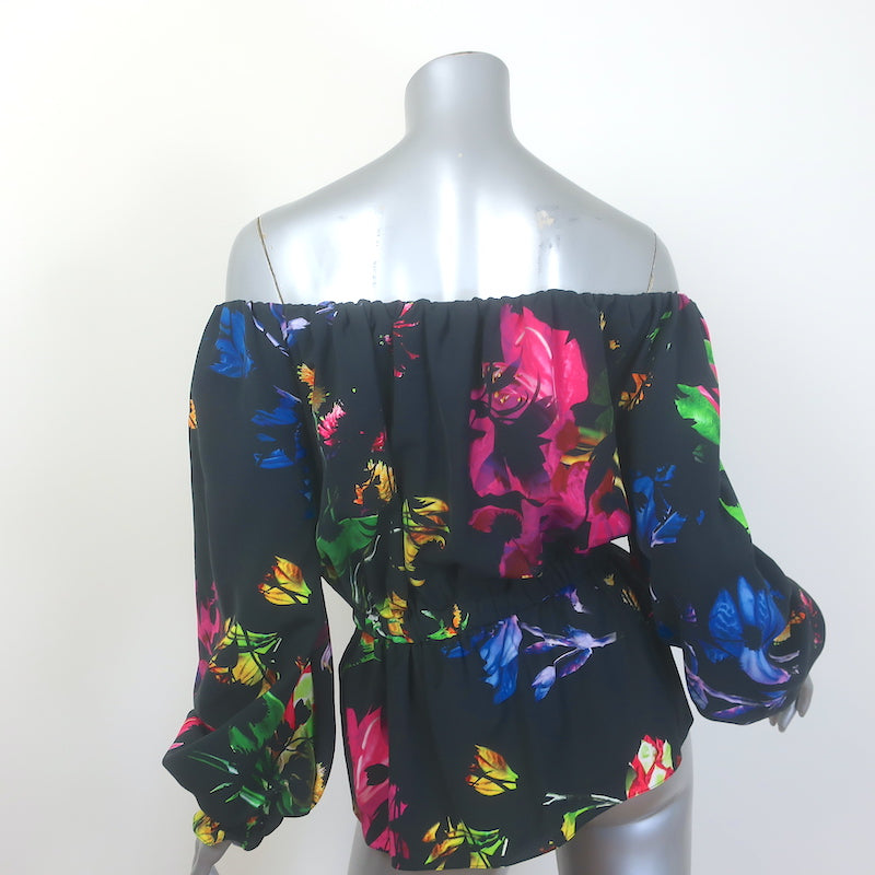 Prabal Gurung Off the Shoulder Blouson-Sleeve Top Black Floral Print Size 6