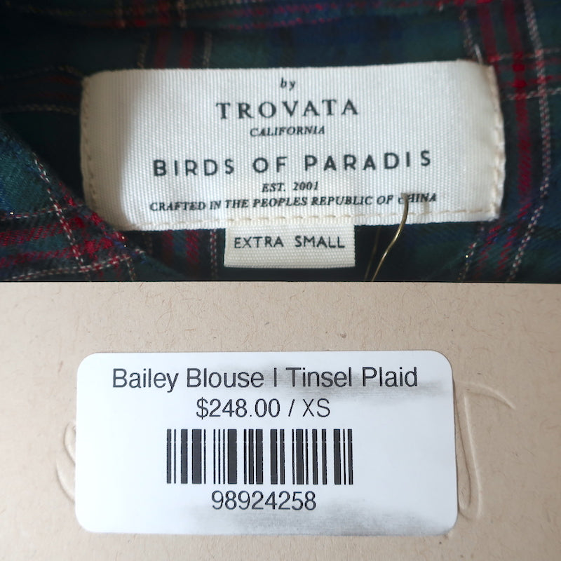 Trovata Birds of Paradis Blouse Bailey Tinsel Plaid Size Extra Small NEW