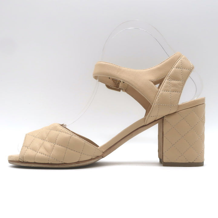 Chanel Quilted Lambskin Leather Ankle Strap Block Heel Sandals Beige Size 36.5