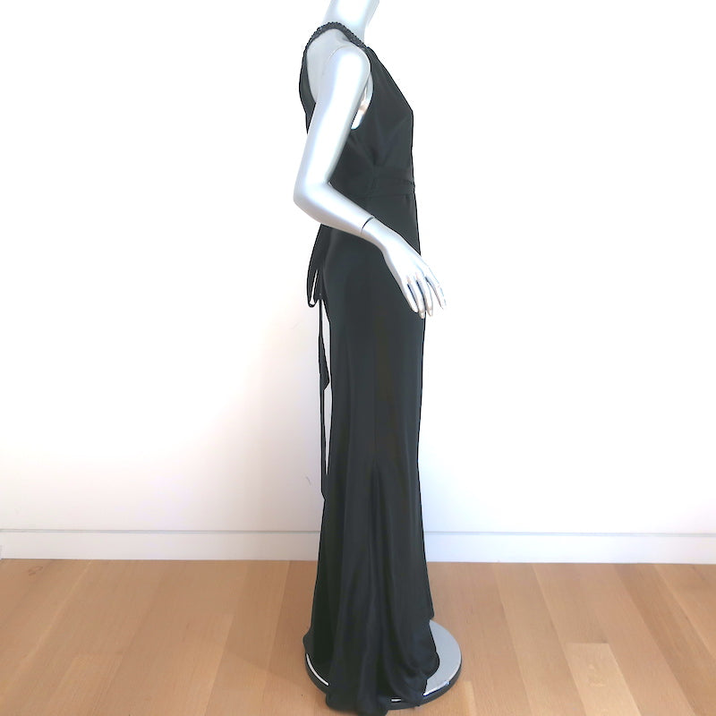 Vera Wang Sequin Neck Gown Black Satin Size 12 Sleeveless Maxi Dress NEW