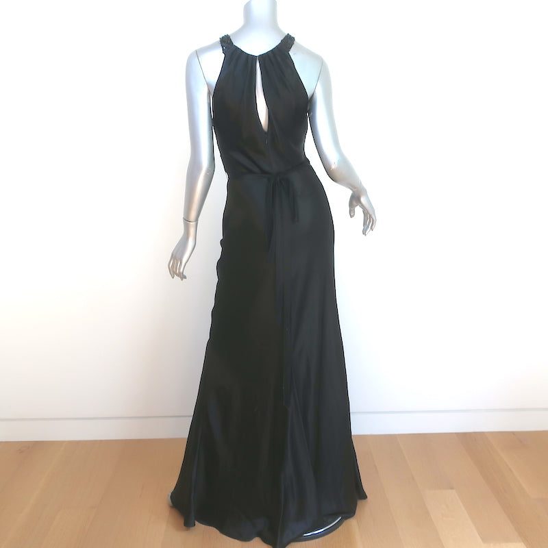 Vera Wang Sequin Neck Gown Black Satin Size 12 Sleeveless Maxi