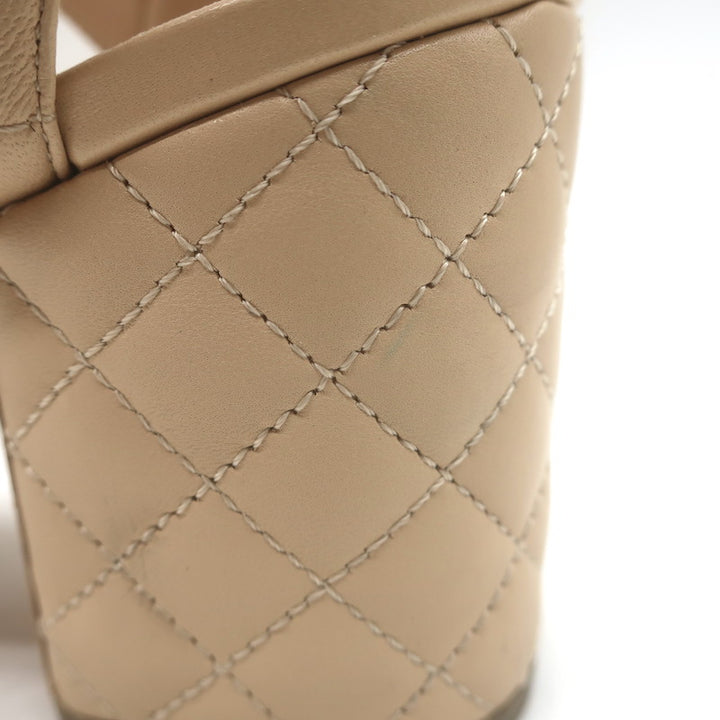Chanel Quilted Lambskin Leather Ankle Strap Block Heel Sandals Beige Size 36.5
