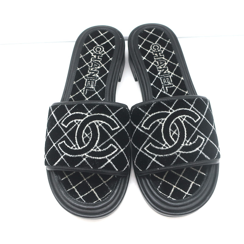 Chanel CC Velvet Slide Sandals Black Size 38 NEW