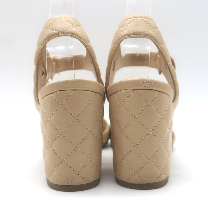 Chanel Quilted Lambskin Leather Ankle Strap Block Heel Sandals Beige Size 36.5