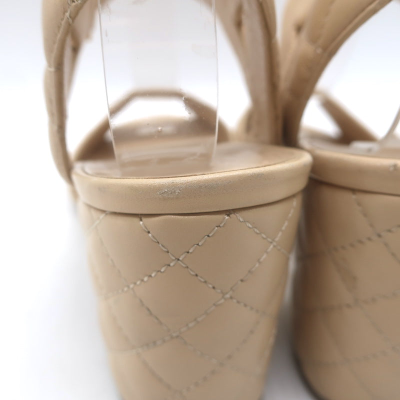 Chanel Quilted Lambskin Leather Ankle Strap Block Heel Sandals Beige Size 36.5