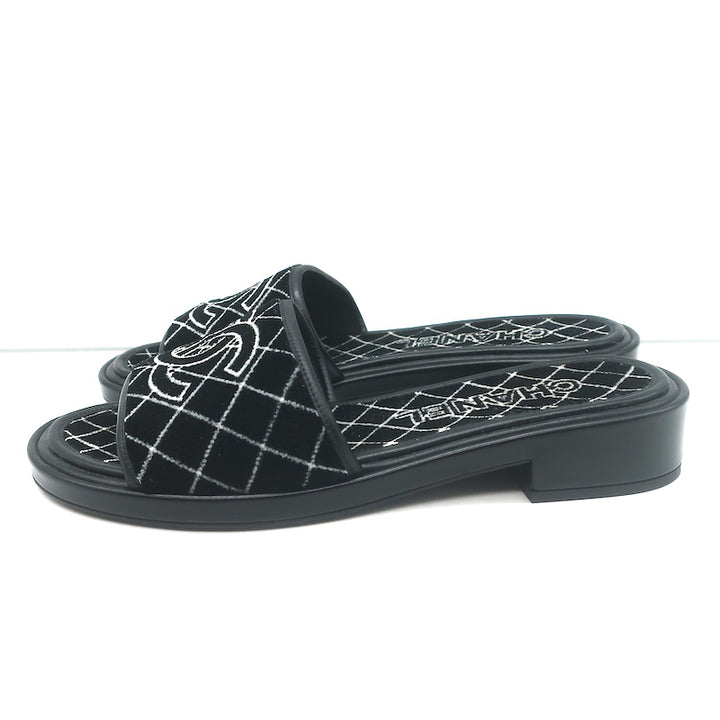Chanel CC Velvet Slide Sandals Black Size 38 NEW