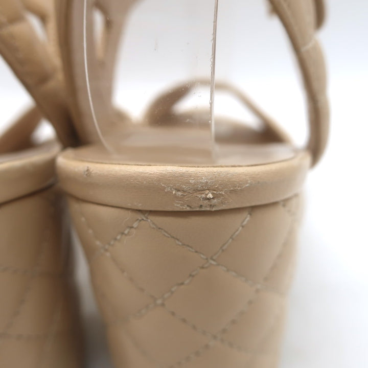 Chanel Quilted Lambskin Leather Ankle Strap Block Heel Sandals Beige Size 36.5