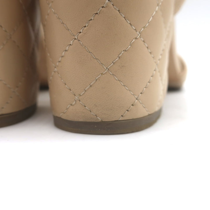 Chanel Quilted Lambskin Leather Ankle Strap Block Heel Sandals Beige Size 36.5