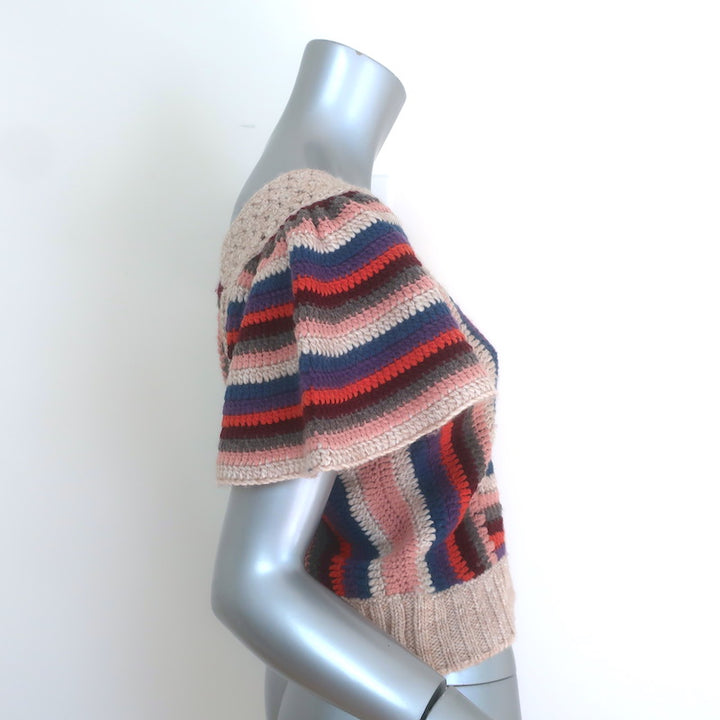 SEA Mena Crochet Knit Flutter Sleeve Top Beige/Multi Wool-Blend Size Small