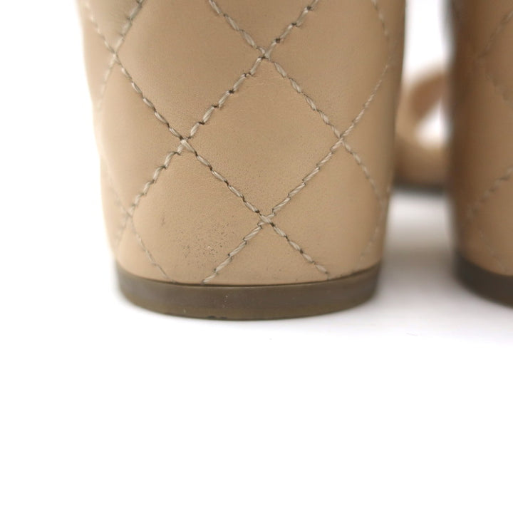 Chanel Quilted Lambskin Leather Ankle Strap Block Heel Sandals Beige Size 36.5