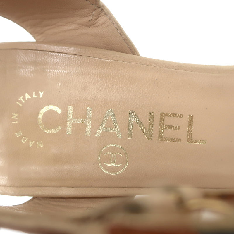 Chanel Quilted Lambskin Leather Ankle Strap Block Heel Sandals Beige Size 36.5
