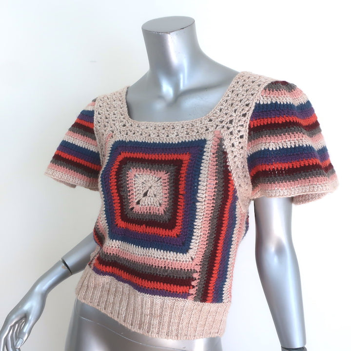 SEA Mena Crochet Knit Flutter Sleeve Top Beige/Multi Wool-Blend Size Small