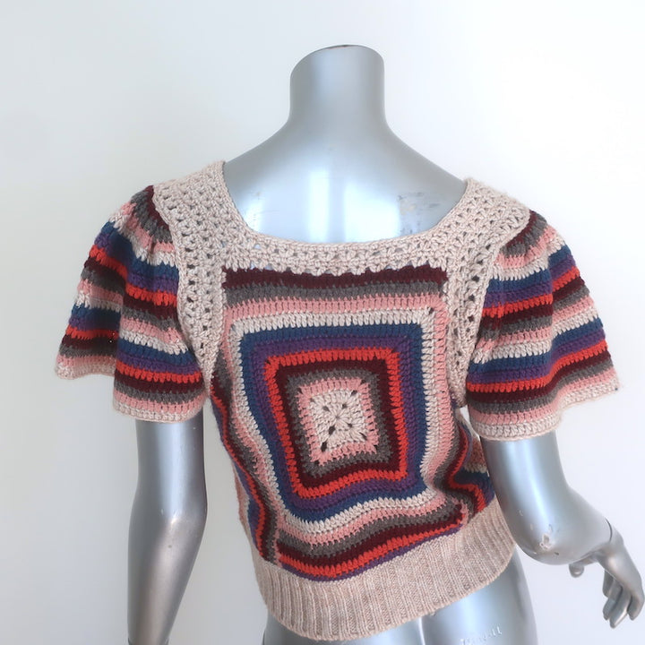 SEA Mena Crochet Knit Flutter Sleeve Top Beige/Multi Wool-Blend Size Small