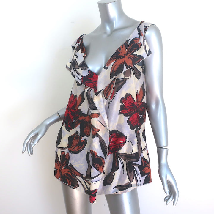 Marni Ruffled Double V-Neck Tank Top Light Blue Floral Print Silk Size 42