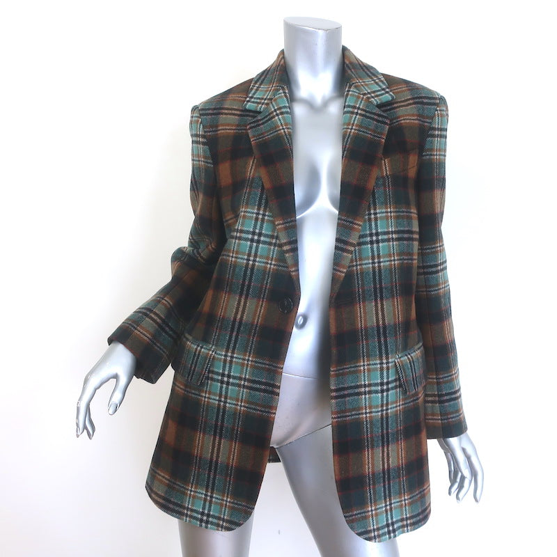 Co Plaid Flannel Belted Blazer Brown/Aqua Wool-Blend Size Extra Small