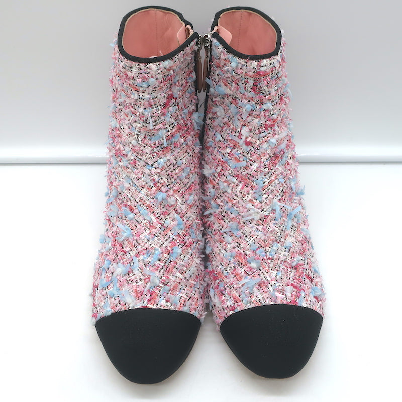 Chanel CC Grosgrain Cap Toe Tweed Ankle Boots Pink/Black Size 38