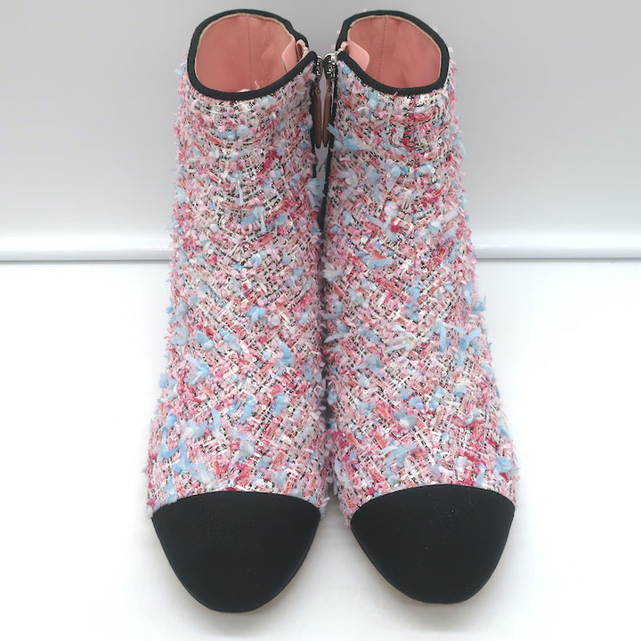 Chanel CC Grosgrain Cap Toe Tweed Ankle Boots Pink/Black Size 38