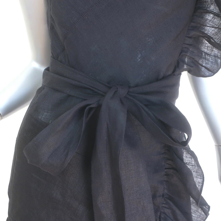 Isabel Marant Etoile Teller Ruffled One-Shoulder Mini Dress Black Linen Size 38