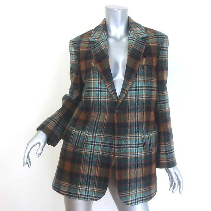 Co Plaid Flannel Belted Blazer Brown/Aqua Wool-Blend Size Extra Small
